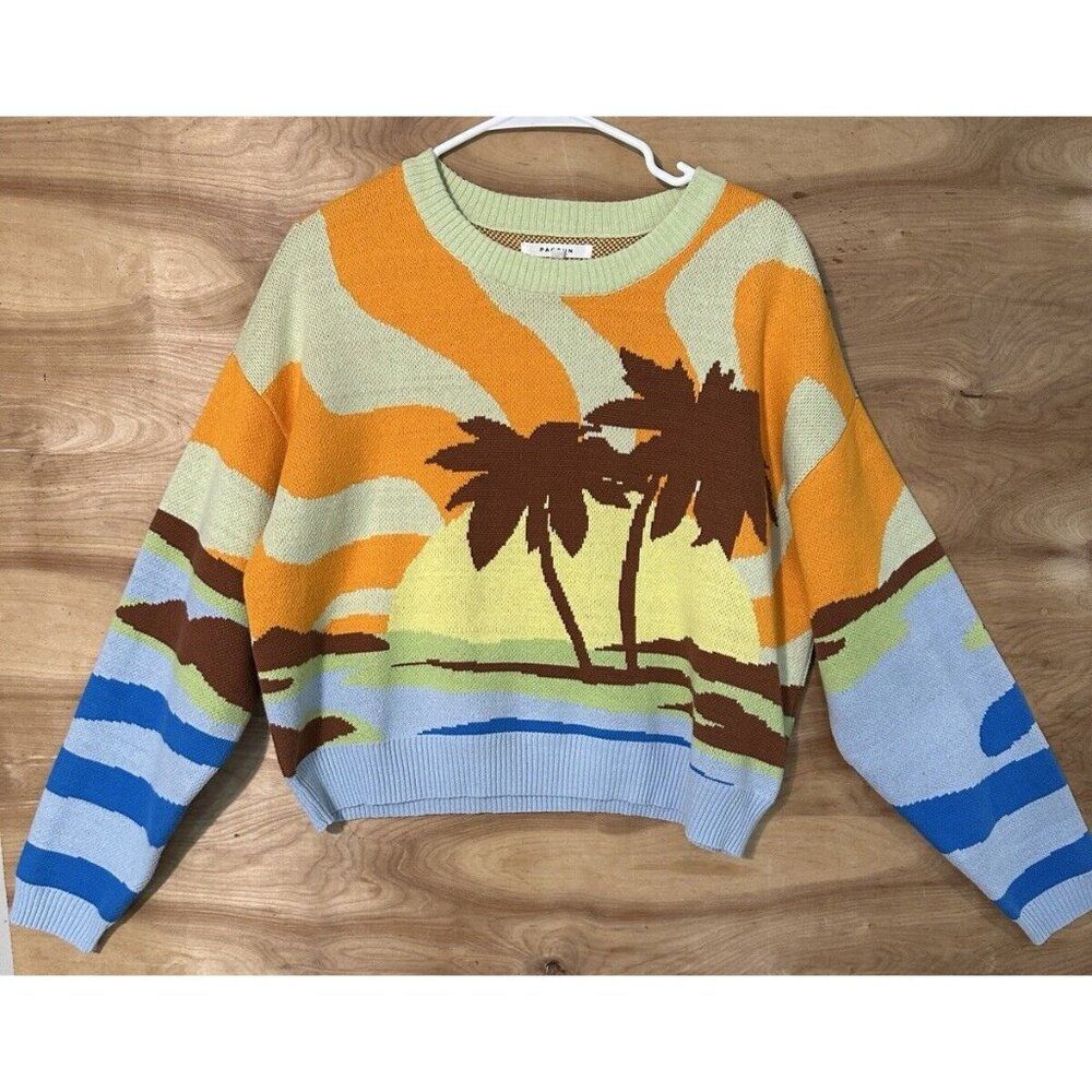 PacSun Sweater Island Palm Trees Sunset Beach Blue Orange And Brown Size Medium